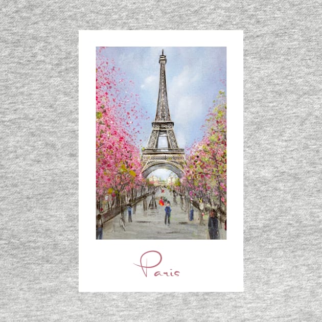 Painting of the Eiffel Tower in Paris in spring with cherry blossoms by NinjadesignShop